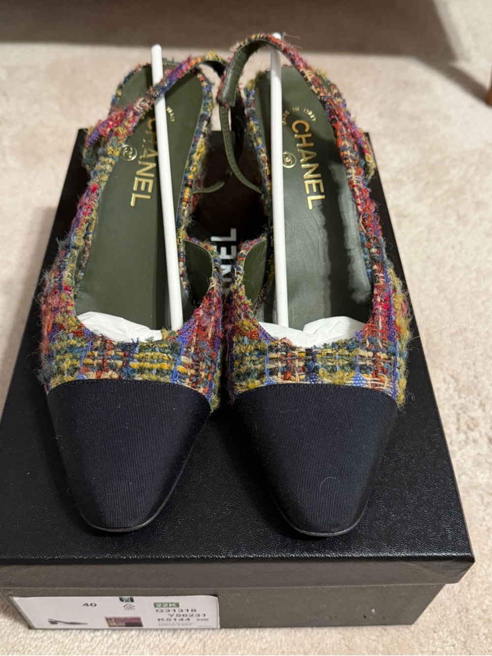 Chanel 22K Multicolor Tweed & Black Cap-Toe Slingbacks - Picture 2 of 8